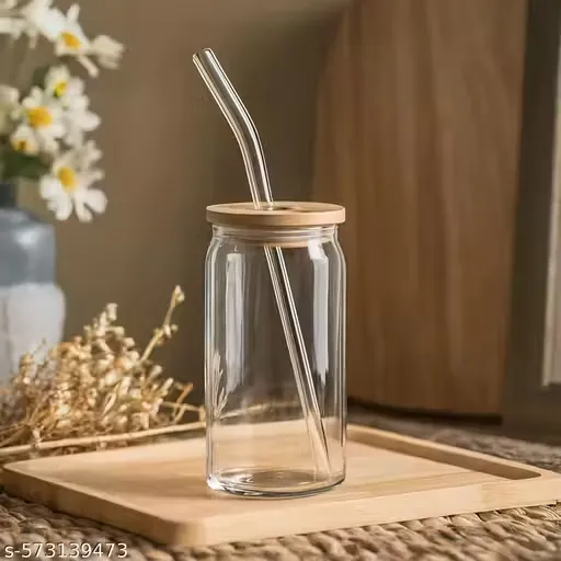 [1020] Round Glass Tumbler 500ml with Bamboo Lid, Glass Sipper